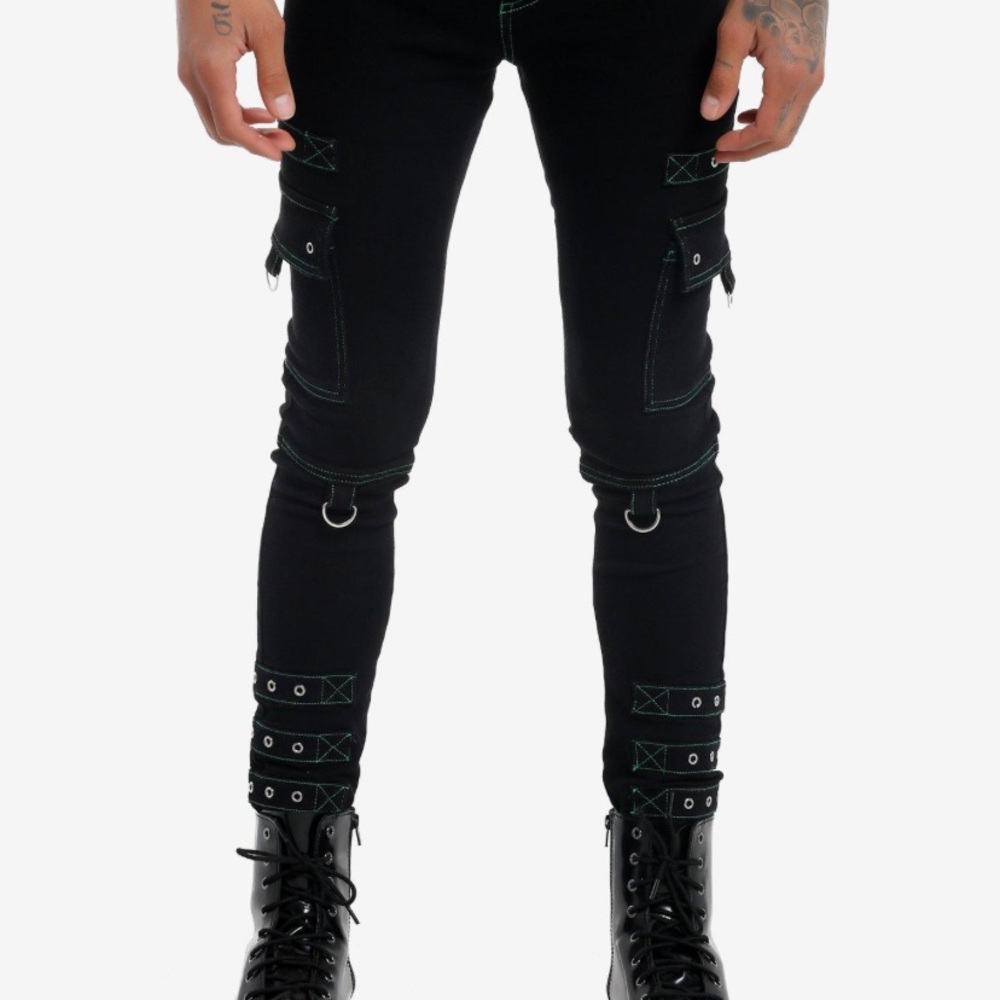 Slim Fit Black green Cargo Pants with Distressed Details